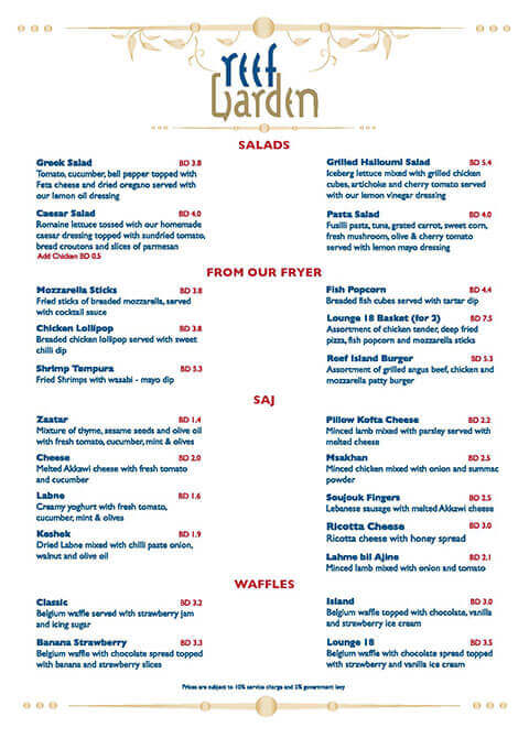 Reef Garden Menu